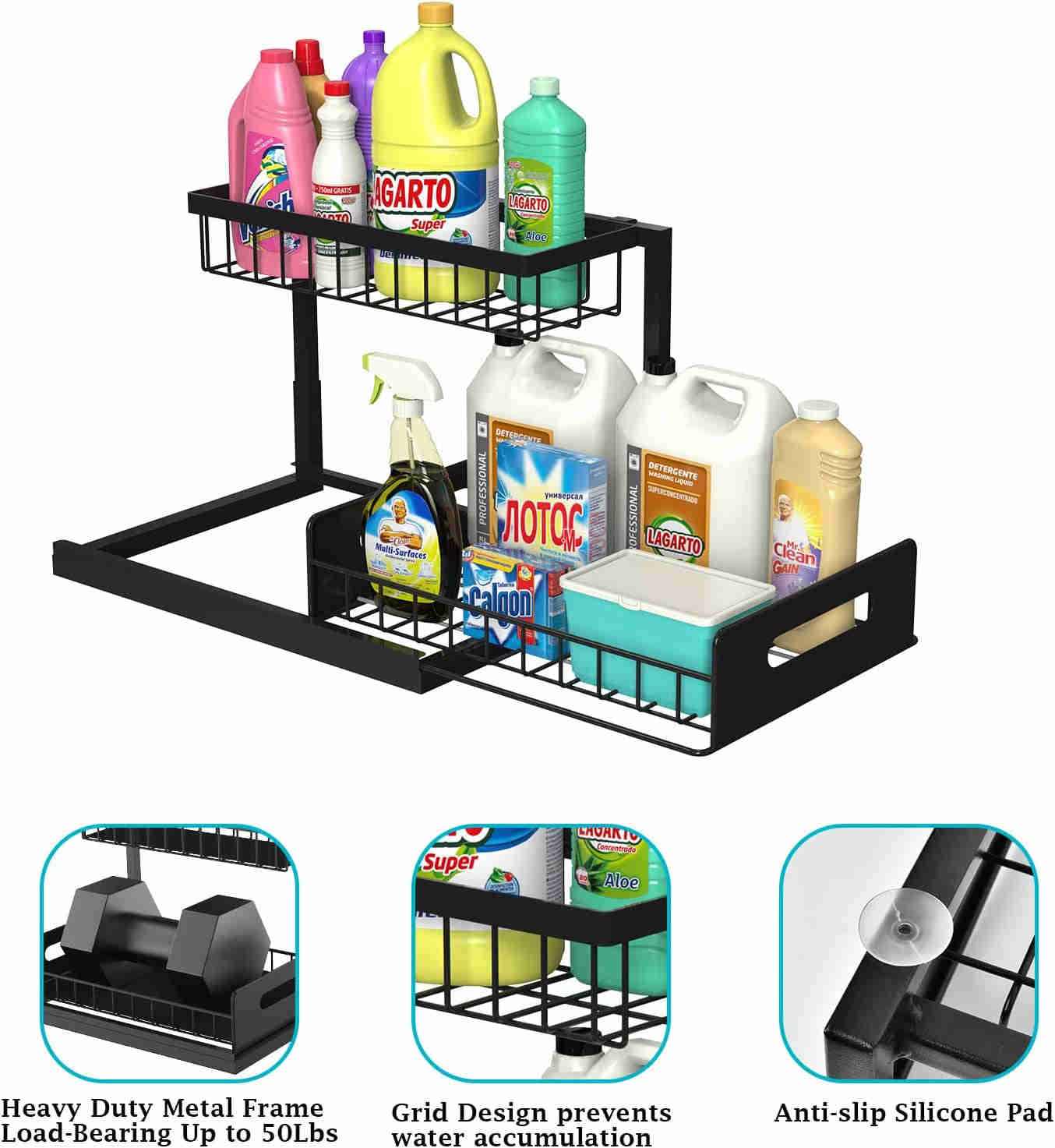 2 Pack Under Sink Organizer and Storage, Pull Out Cabinet Organizer Slide Out Sink Shelf for Kitchen Bathroom