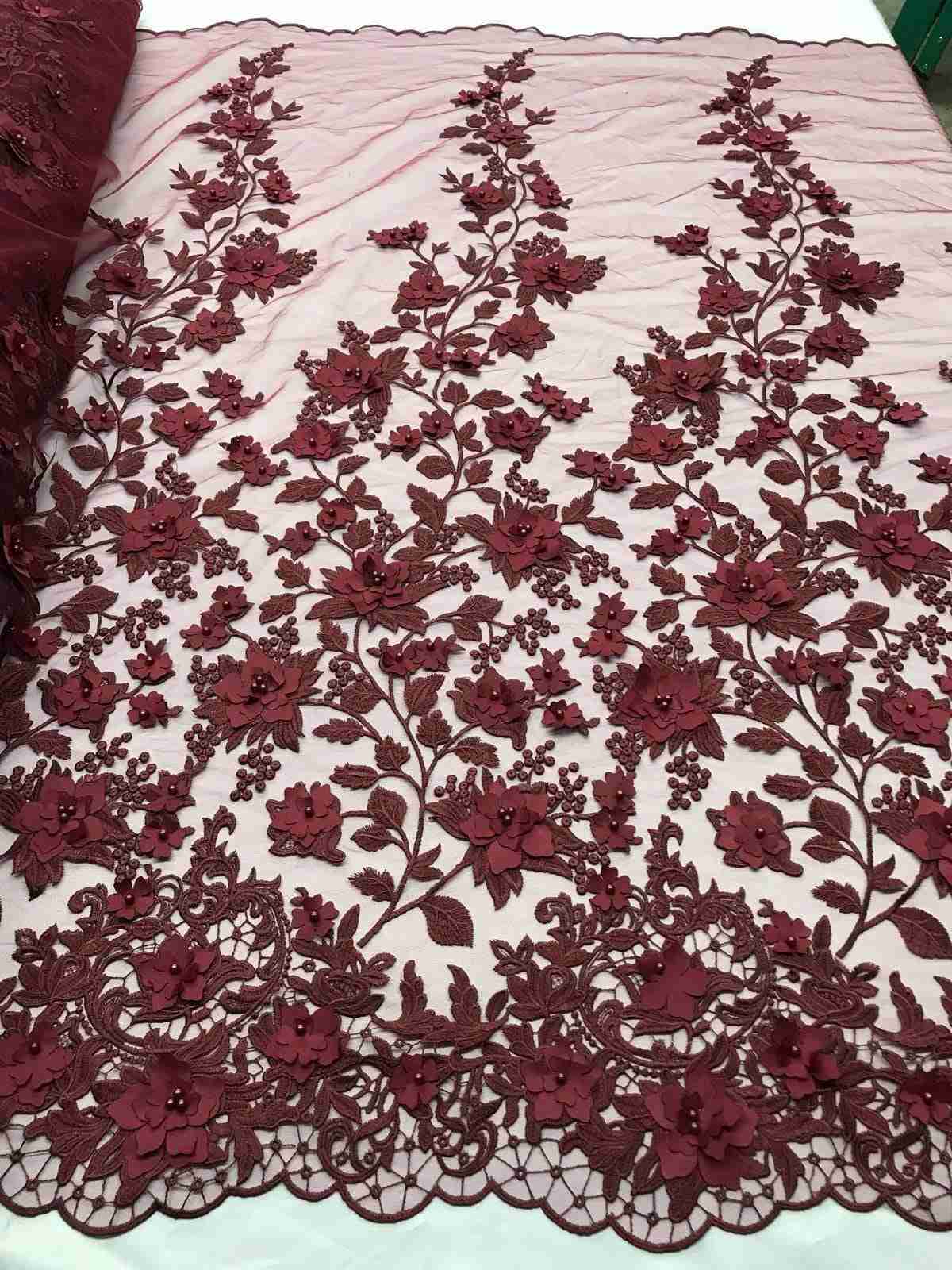 Burgundy 3D Floral Embroidered Mesh Lace with Pearls and Beads