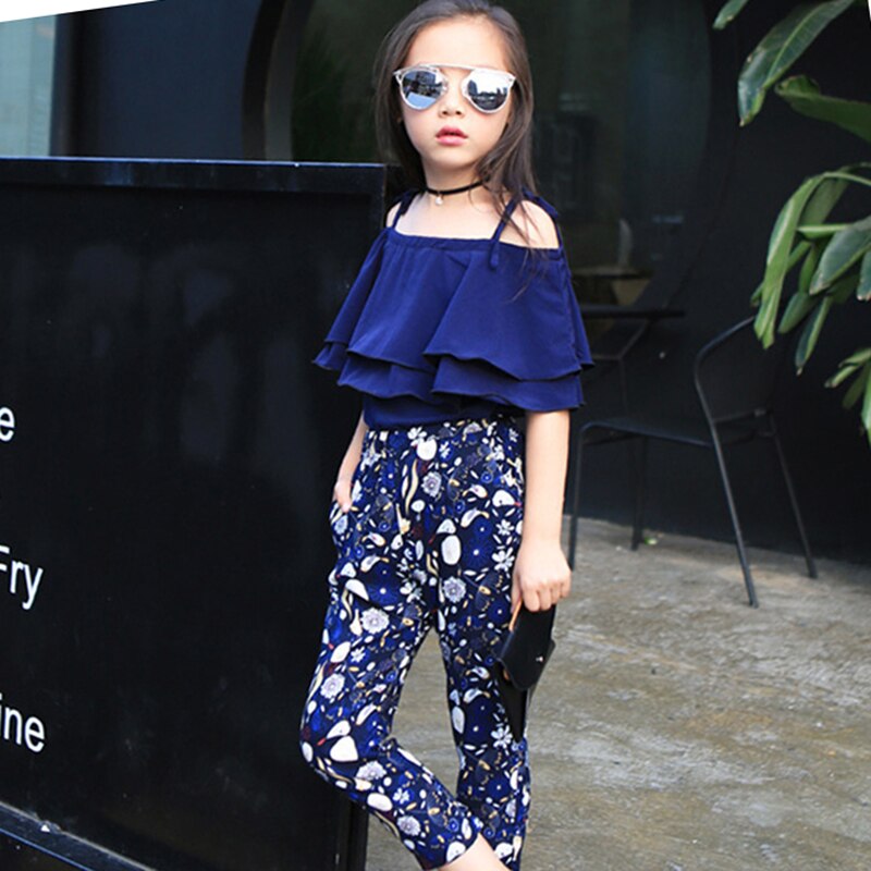 Summer Teen Girls Flower Chiffon Clothing Set - Off Shoulder Tops & Floral Pants for Kids (8-14 Years)