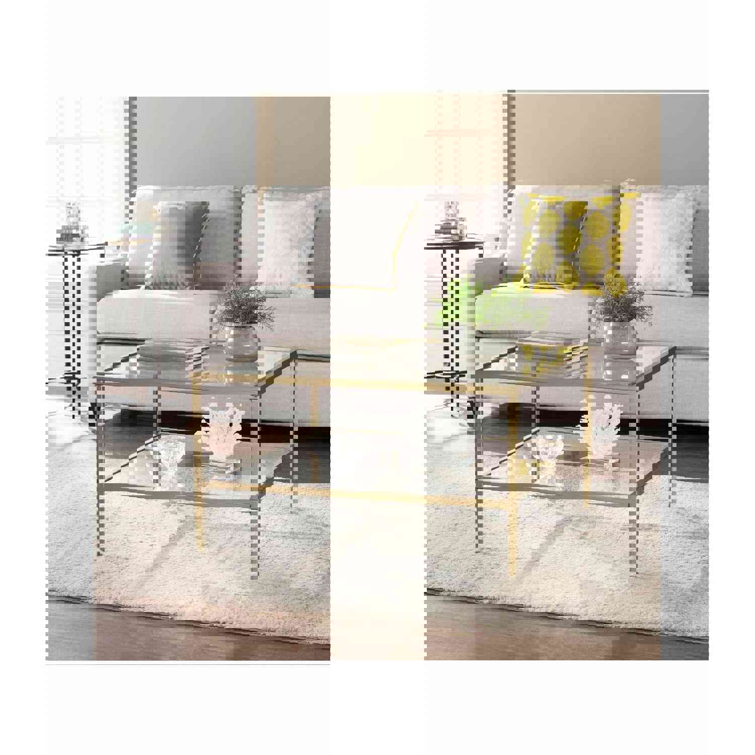 Southern Enterprises Keller Square Metal/Glass Open-Shelf 32 Cocktail Table, Rectangular, Clear/Gold