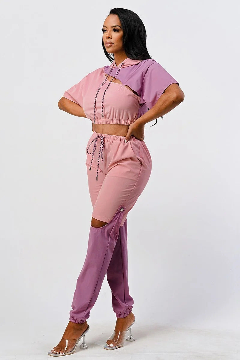 Color Block Pants Set with Hoodie and Detachable Bottom