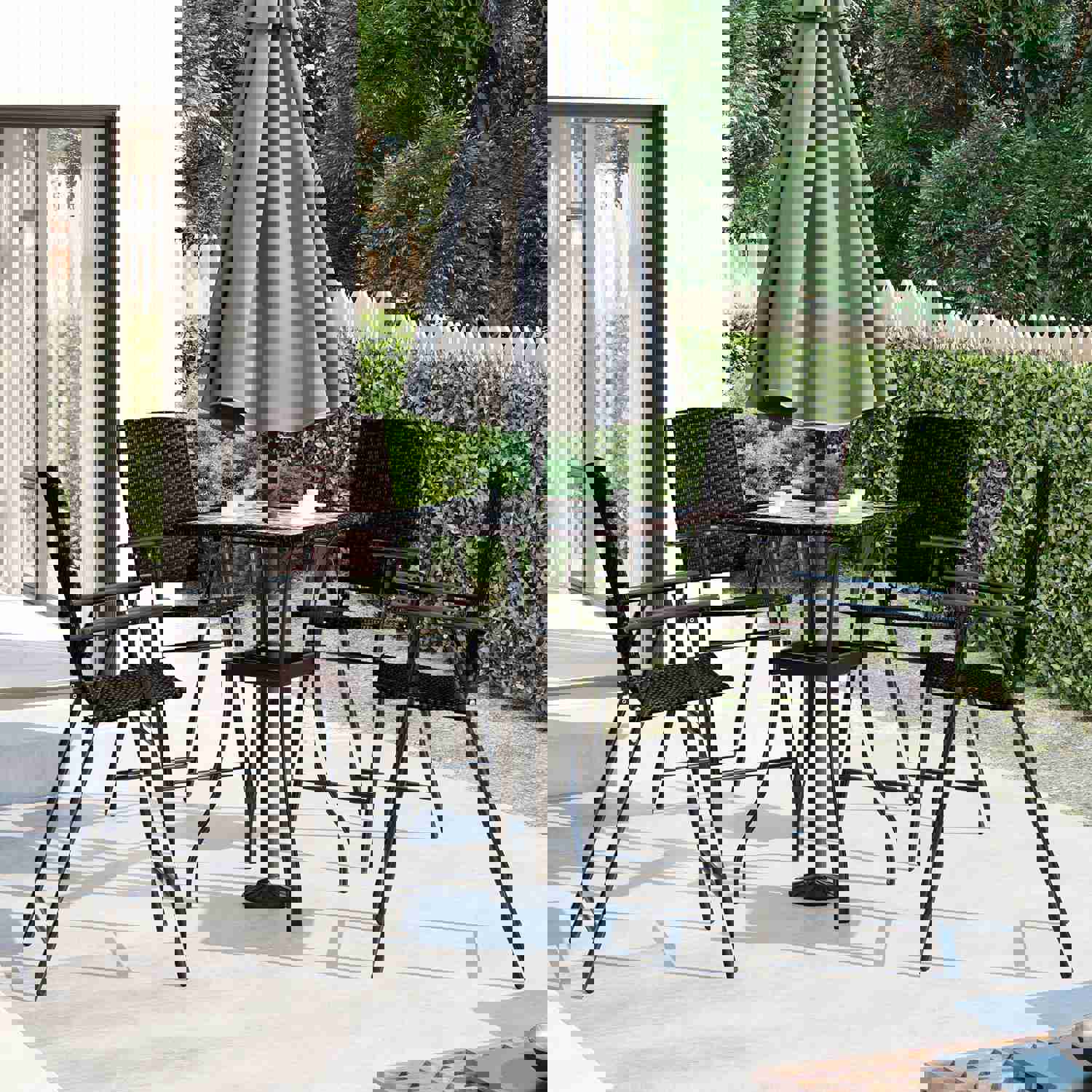 TOPMAX Outdoor Patio PE Wicker 5-Piece Counter Height Dining Table Set with Umbrella Hole and 4 Foldable Chairs, Brown