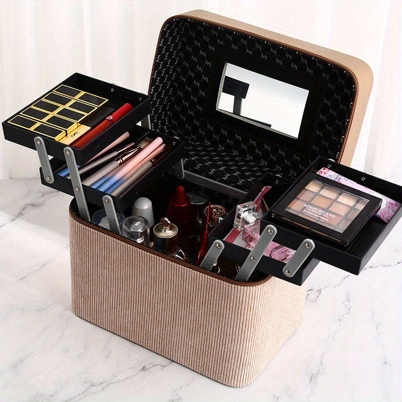 1pc Large Capacity Makeup Case with Double-Layer Tray - Portable Cosmetic Storage Box