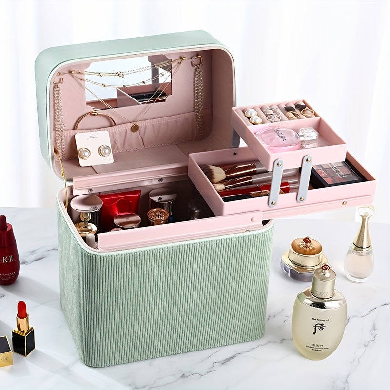 1pc Large Capacity Makeup Case with Double-Layer Tray - Portable Cosmetic Storage Box