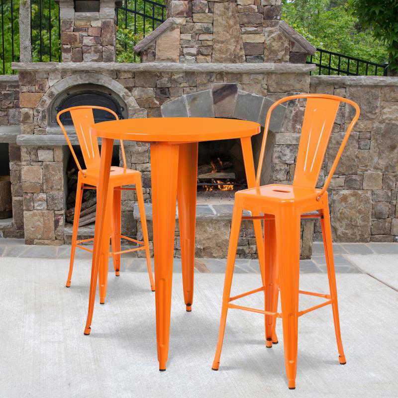 Flash Furniture Caron 30" Round Orange Metal Indoor-Outdoor Bar Table Set with 2 Cafe Stools