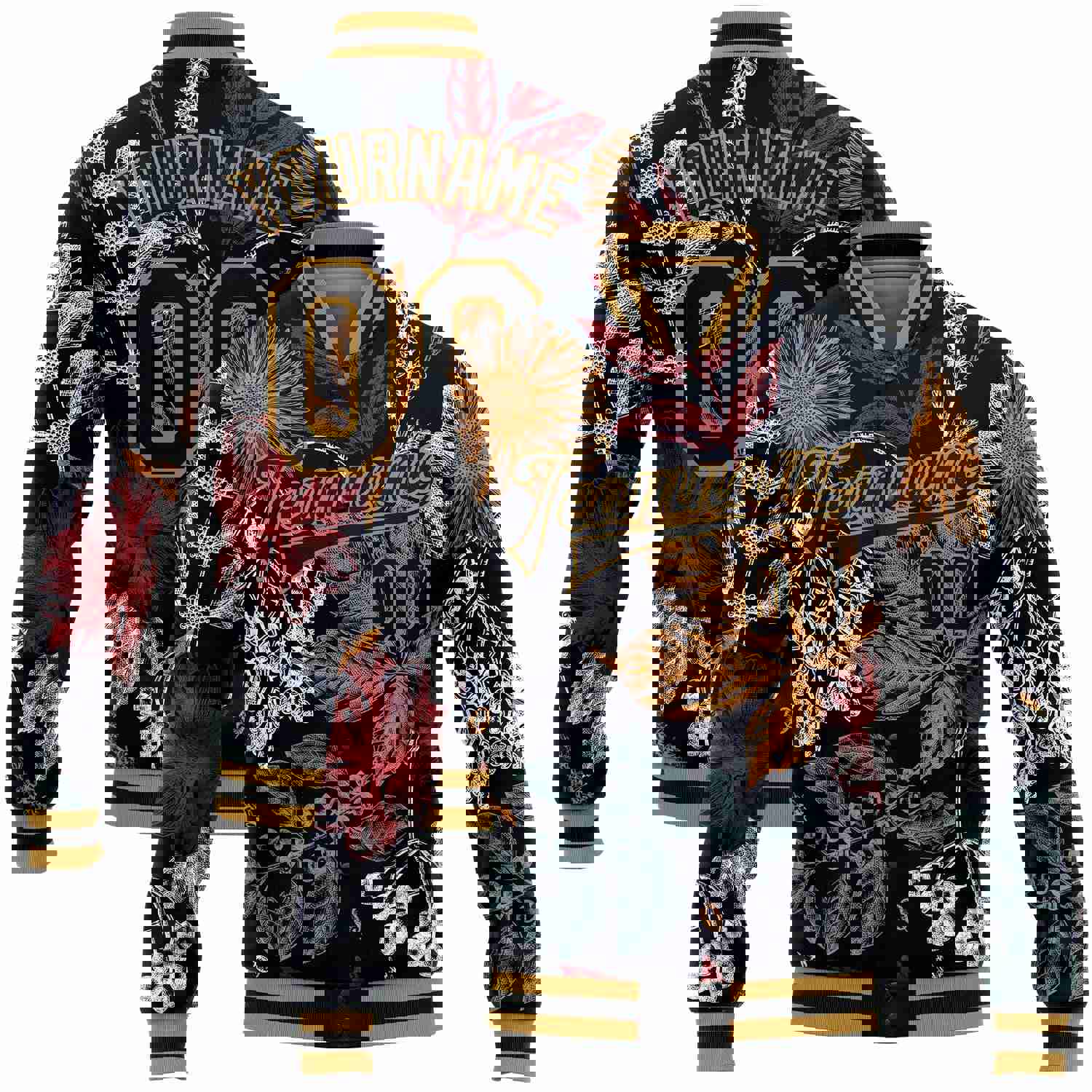 Custom Black Old Gold Flowers And Branches 3D Pattern Design Bomber Full-Snap Varsity Letterman Jacket