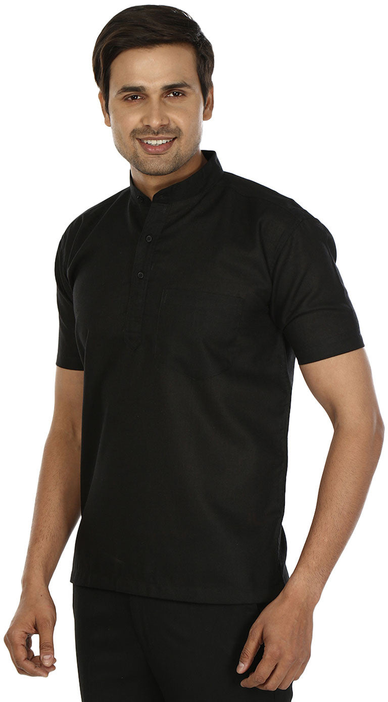 Indian Cotton Mens Short Sleeve Kurta (Black) - Formal & Casual Wear