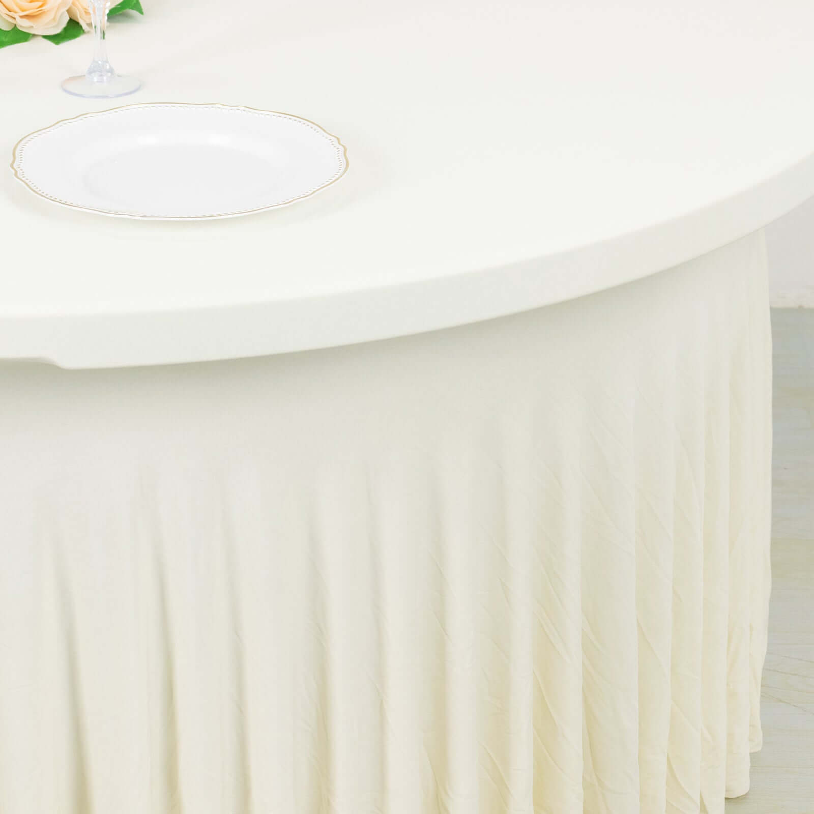 Ivory Wavy Spandex Fitted Round 1-Piece Tablecloth Table Skirt - 5ft