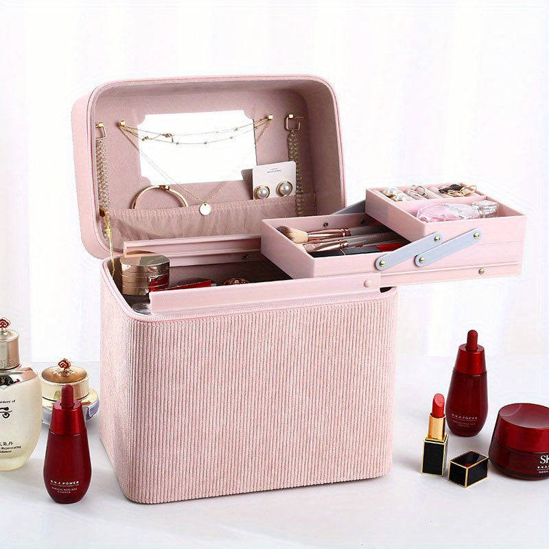 1pc Large Capacity Makeup Case with Double-Layer Tray - Portable Cosmetic Storage Box