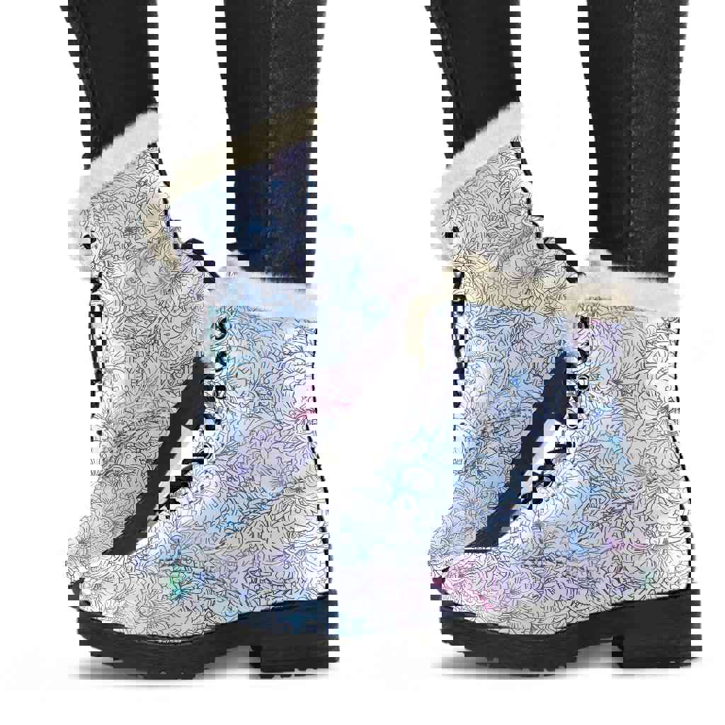 Delicate Flowers Winter Boots - Vegan Faux Fur Lined Handcrafted Boots