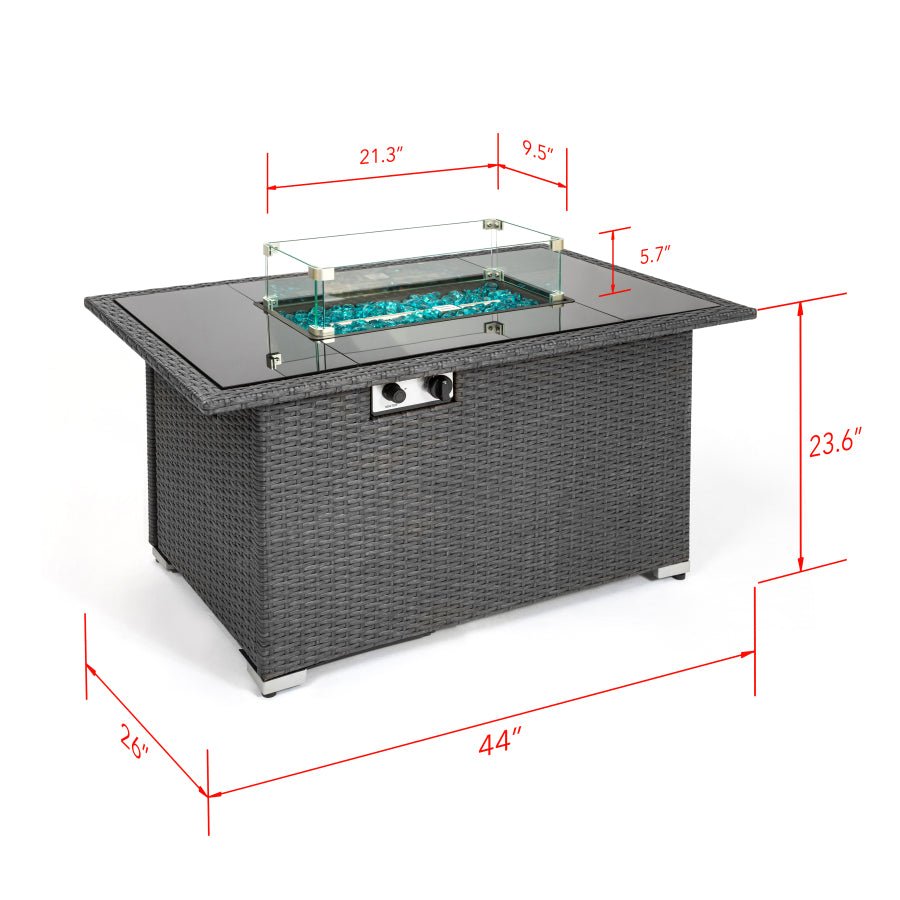 MIRODEMI® Outdoor 44 Black Rectangle Fire Pit Table with Tempered Glass Tabletop