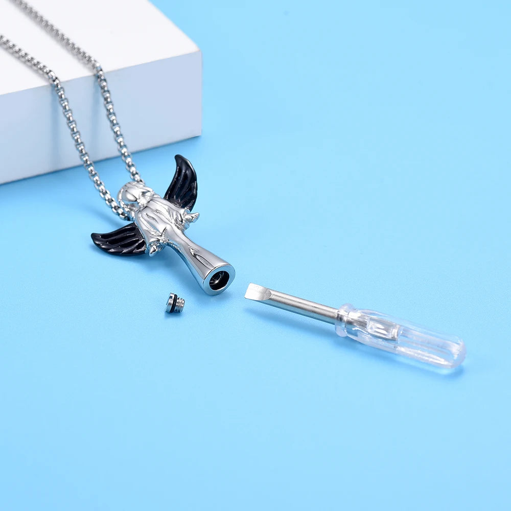 Angel Cube Urn Necklace - Stainless Steel Cremation Ashes Pendant for Women and Pets