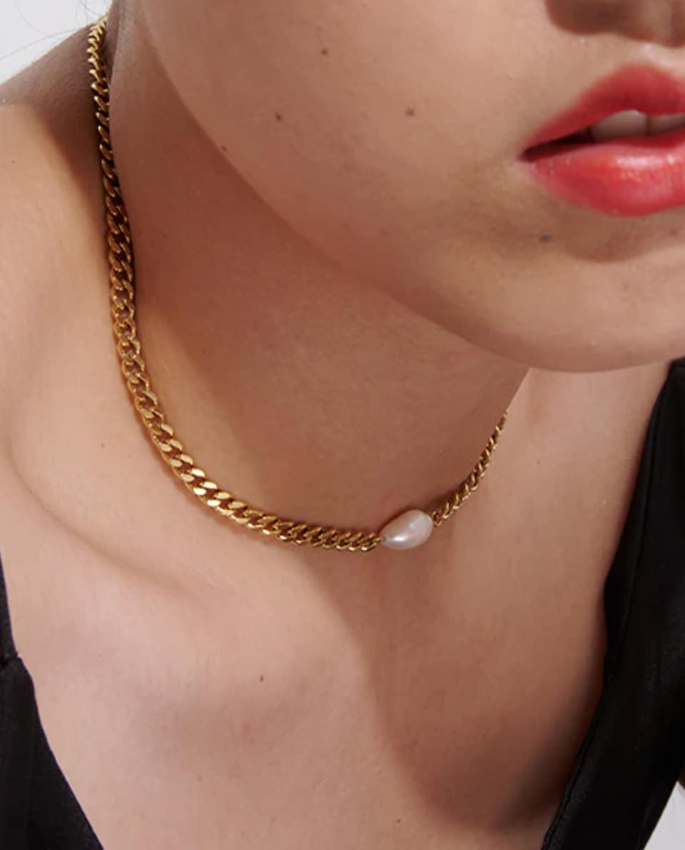 Greta Pearl Necklace - 18K Gold PVD Chain with Natural Pearl