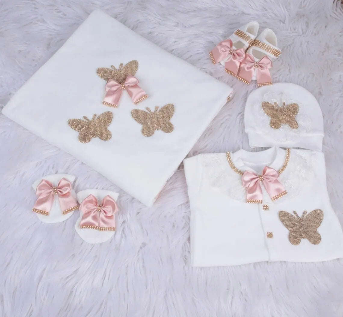 Designer Newborn Baby Cotton Clothing Set - 5-Piece Pink & White Lace Trimmed Outfit