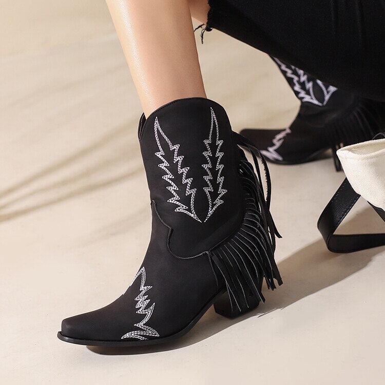 Disco Cowgirl Fringe Ankle Boots - Stylish Western Faux Leather Boots