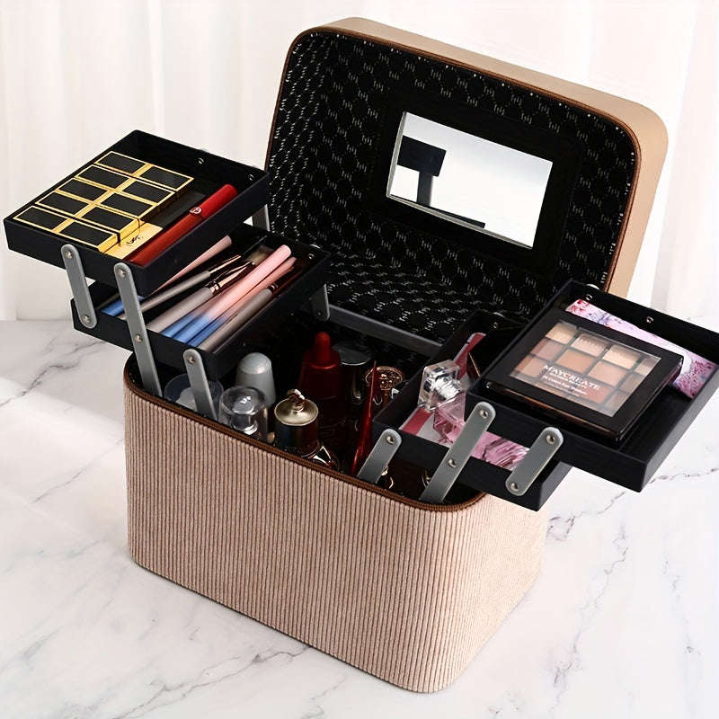 1pc Large Capacity Makeup Case with Double-Layer Tray - Portable Cosmetic Storage Box