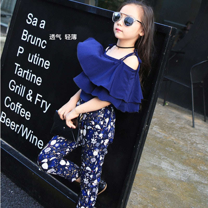 Summer Teen Girls Flower Chiffon Clothing Set - Off Shoulder Tops & Floral Pants for Kids (8-14 Years)