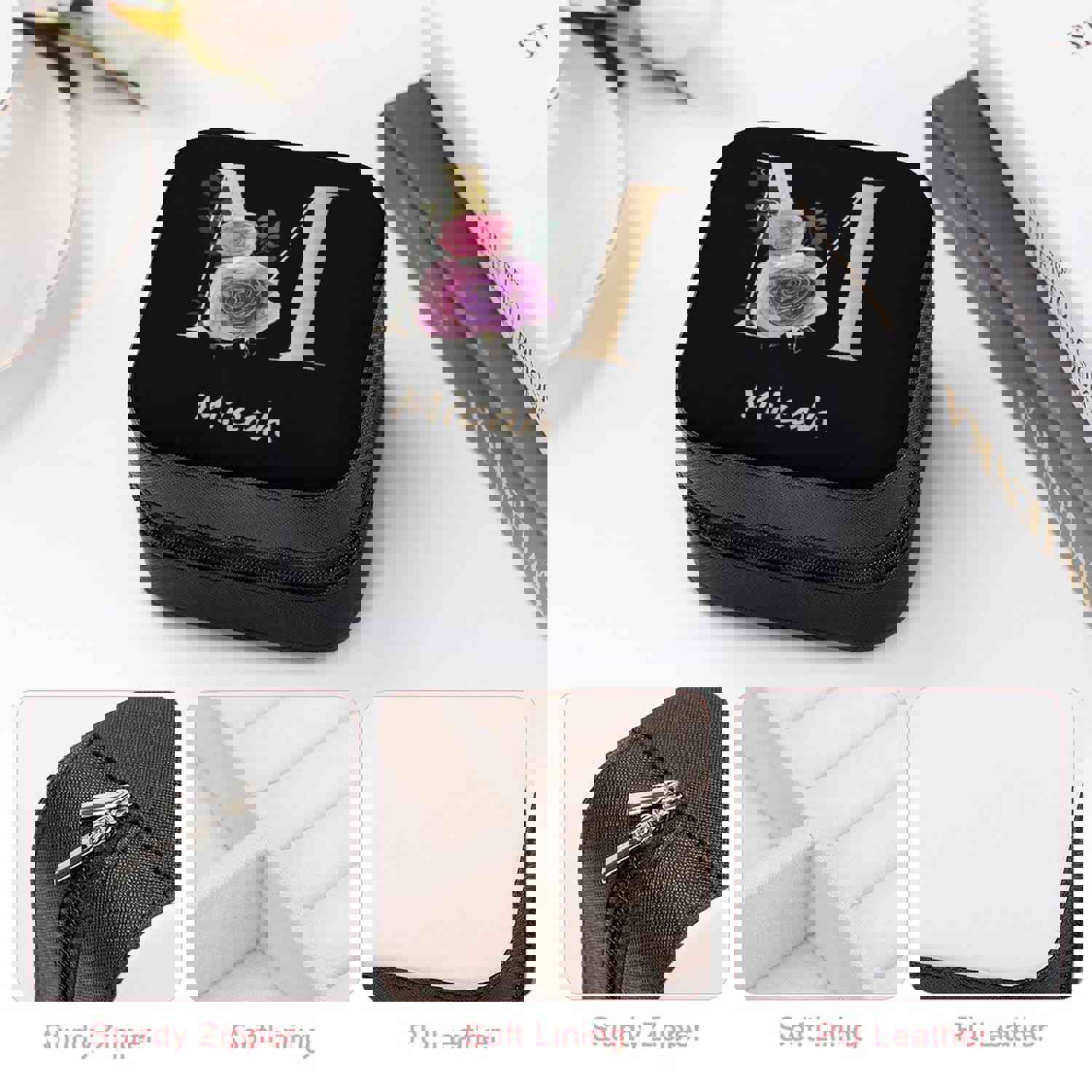 Custom Name & Initials Flower Black Travel Makeup Box Jewelry Box Bridal Party Gift