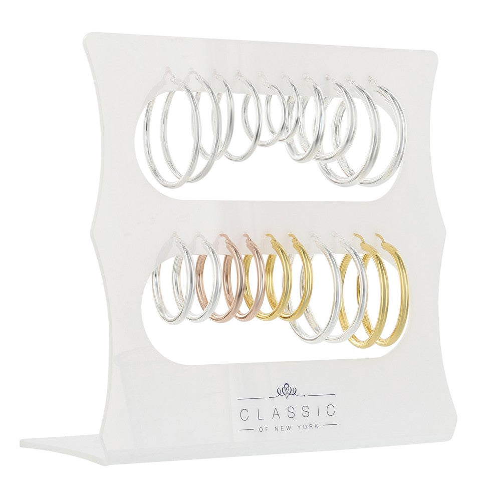 USE COL 047 Sterling Silver, Rose and Gold Plated High Polish Hoop Earrings, 10 Pair Display