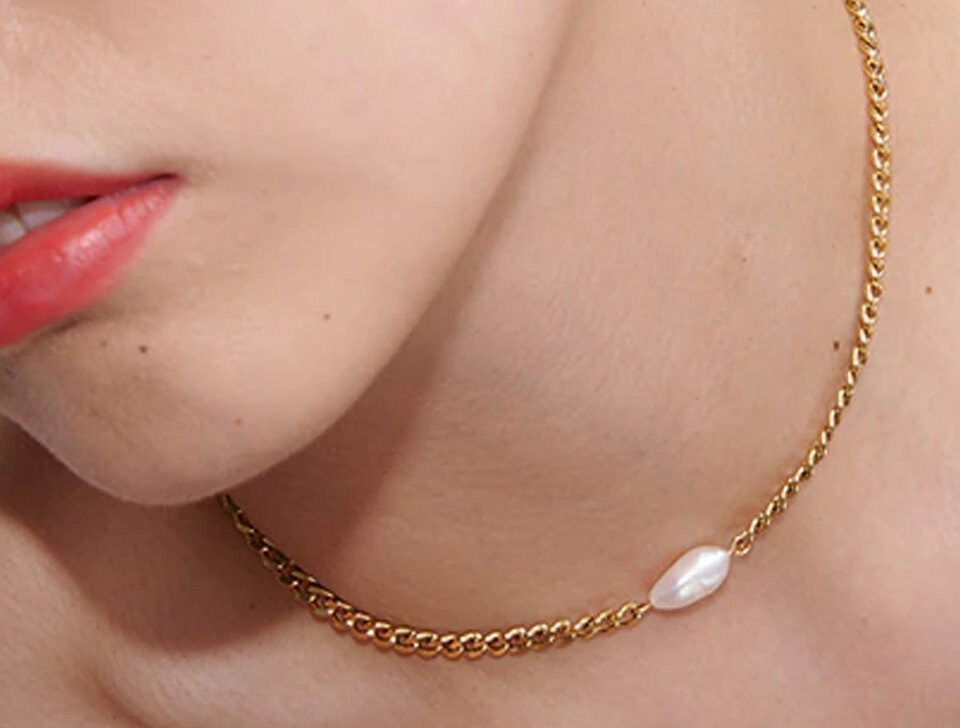 Greta Pearl Necklace - 18K Gold PVD Chain with Natural Pearl