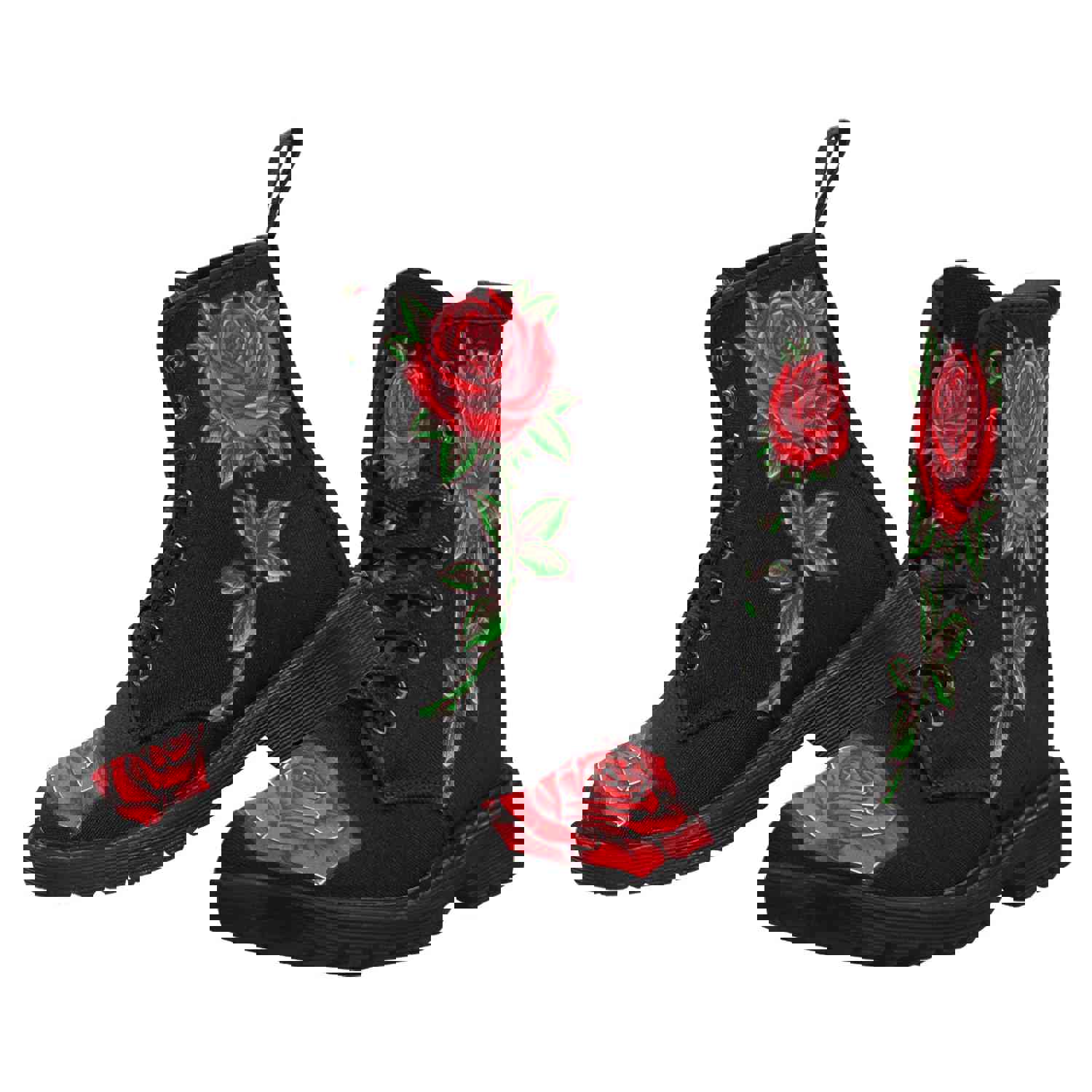 Red Roses Women's Boots - Floral Vegan Canvas Lace-Up Combat Shoes