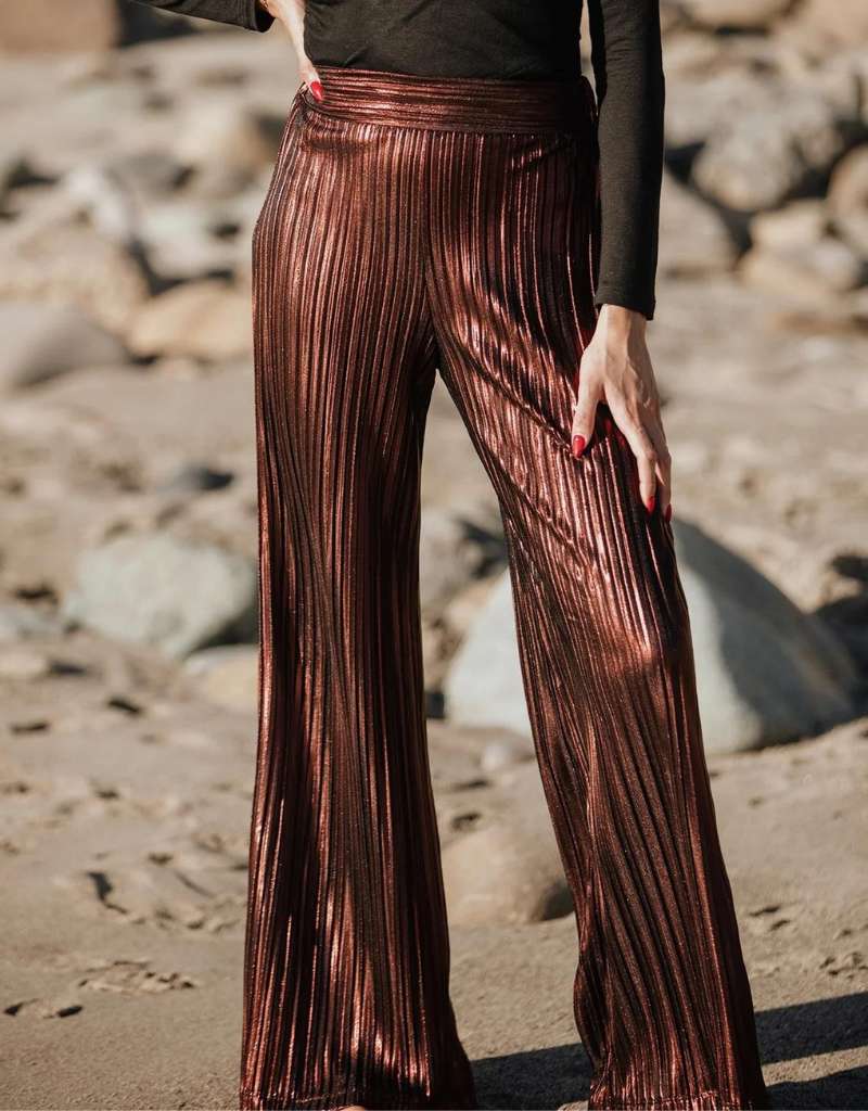 Nightcap Clothing Metallic Pleated Wide Leg Pants in Autumn Bronze