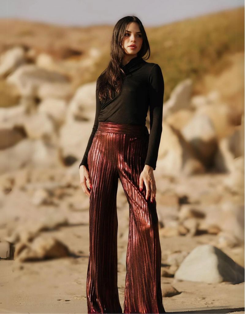 Nightcap Clothing Metallic Pleated Wide Leg Pants in Autumn Bronze