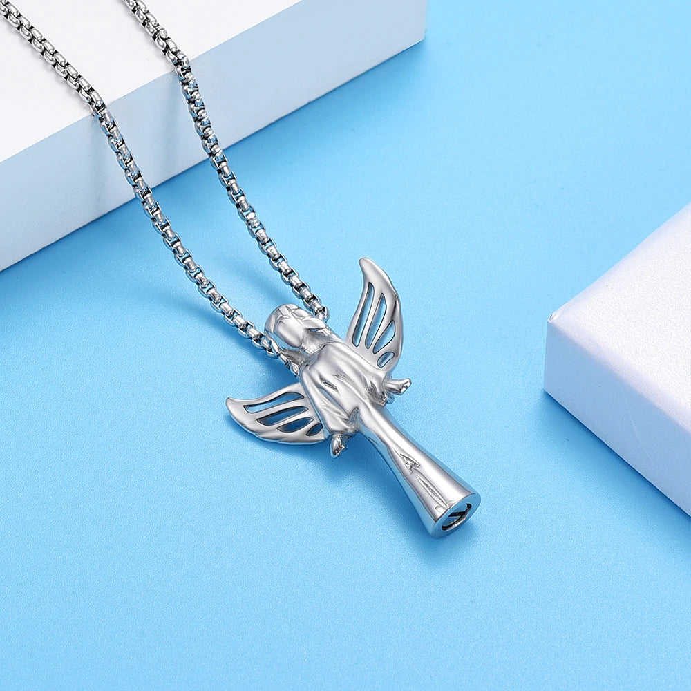 Angel Cube Urn Necklace - Stainless Steel Cremation Ashes Pendant for Women and Pets