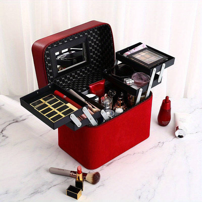 1pc Large Capacity Makeup Case with Double-Layer Tray - Portable Cosmetic Storage Box