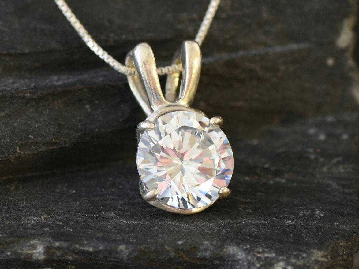 Dainty Round Diamond Necklace for Women - 925 Sterling Silver Created Diamond Pendant