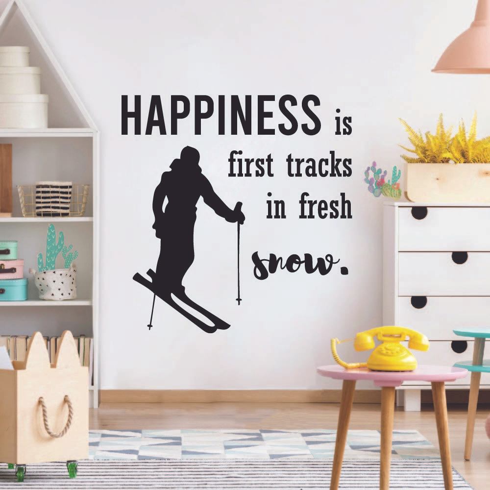 Skiing Quotes Vinyl Wall Sticker Art Wall Decal - Happiness is First Tracks Skiing Ski Motivation Quote
