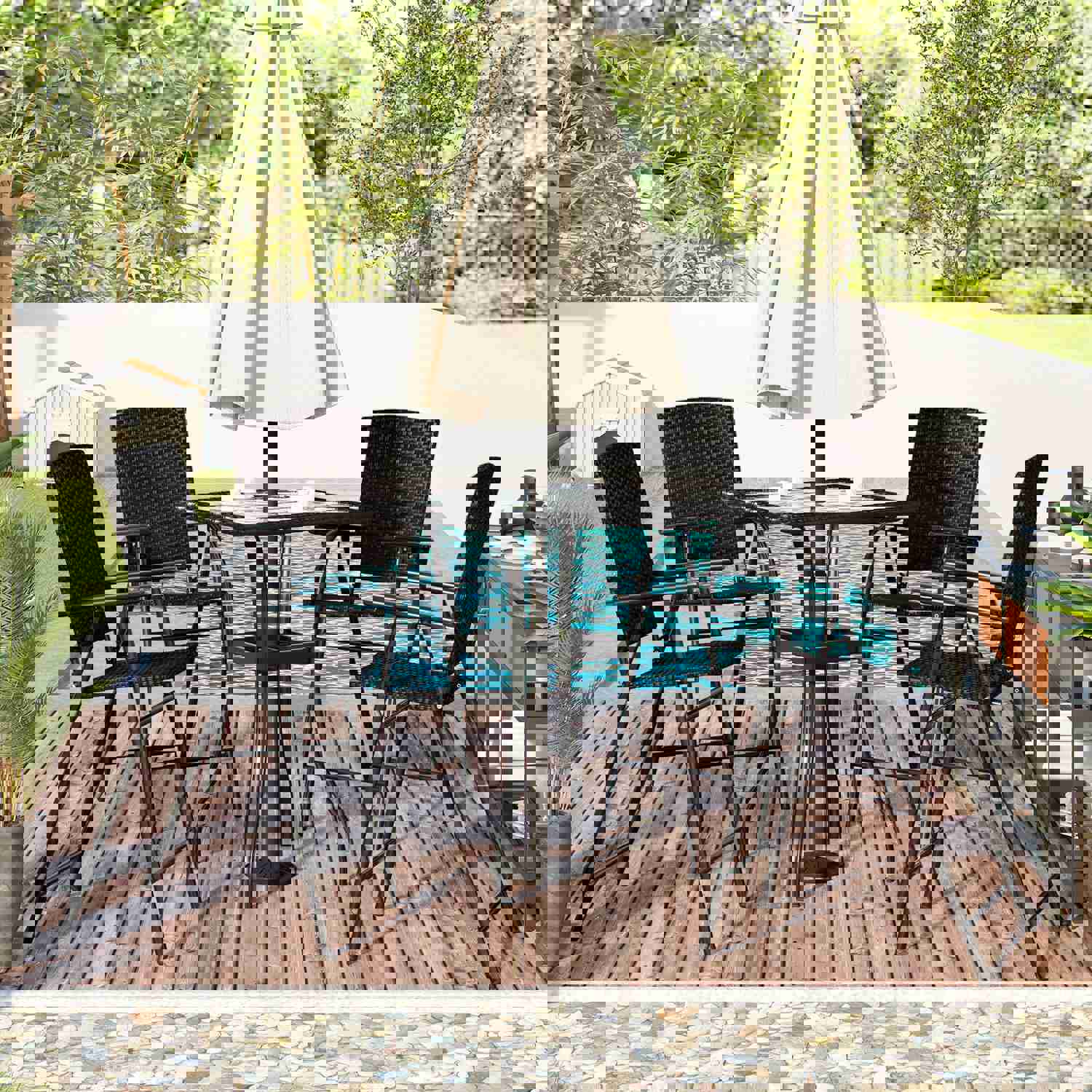 TOPMAX Outdoor Patio PE Wicker 5-Piece Counter Height Dining Table Set with Umbrella Hole and 4 Foldable Chairs, Brown