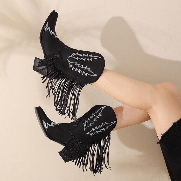 Disco Cowgirl Fringe Ankle Boots - Stylish Western Faux Leather Boots