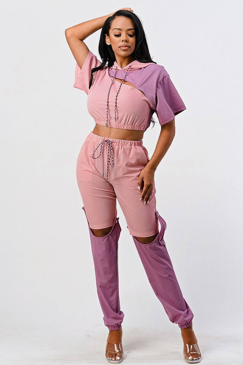 Color Block Pants Set with Hoodie and Detachable Bottom