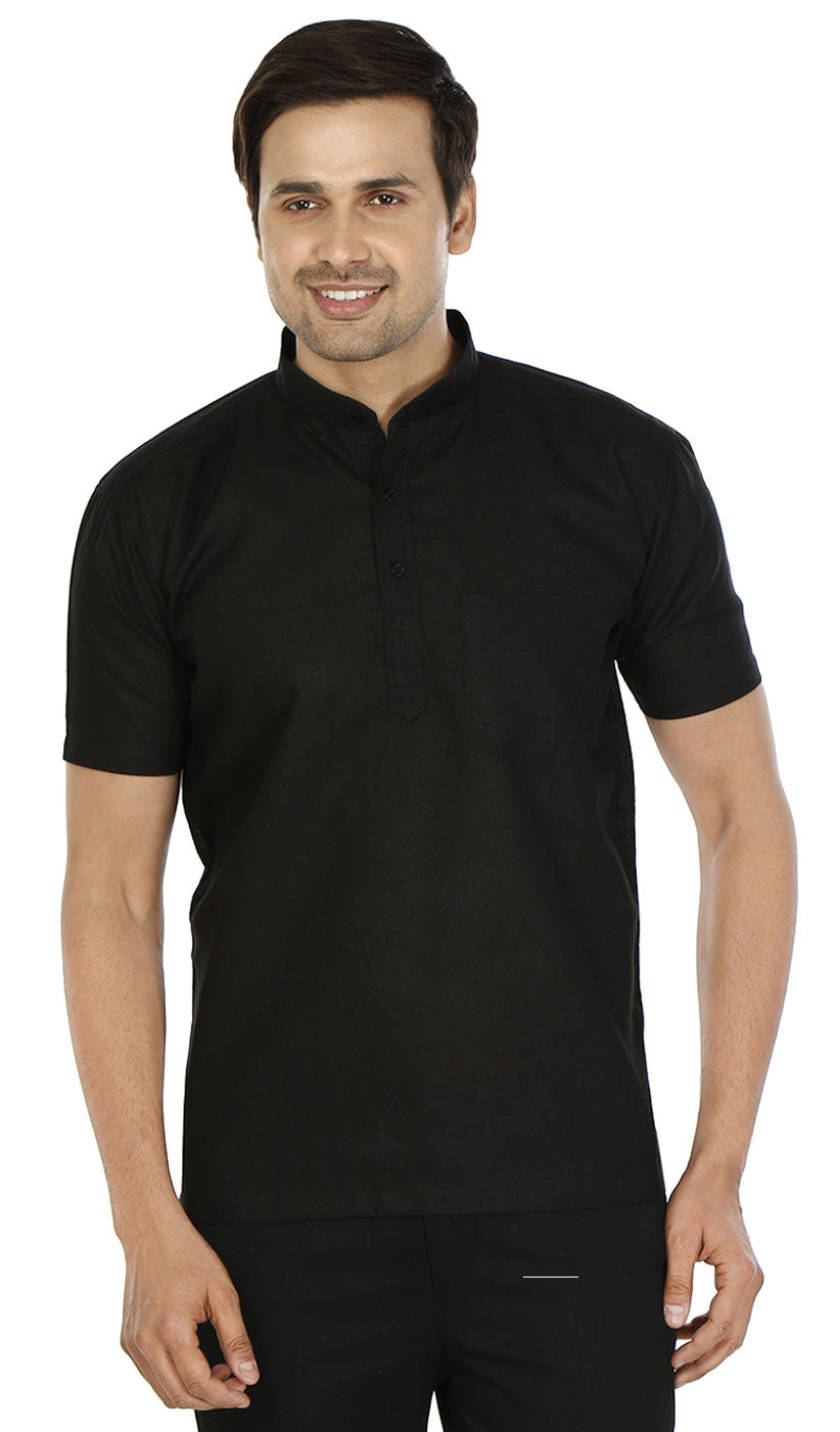 Indian Cotton Mens Short Sleeve Kurta (Black) - Formal & Casual Wear