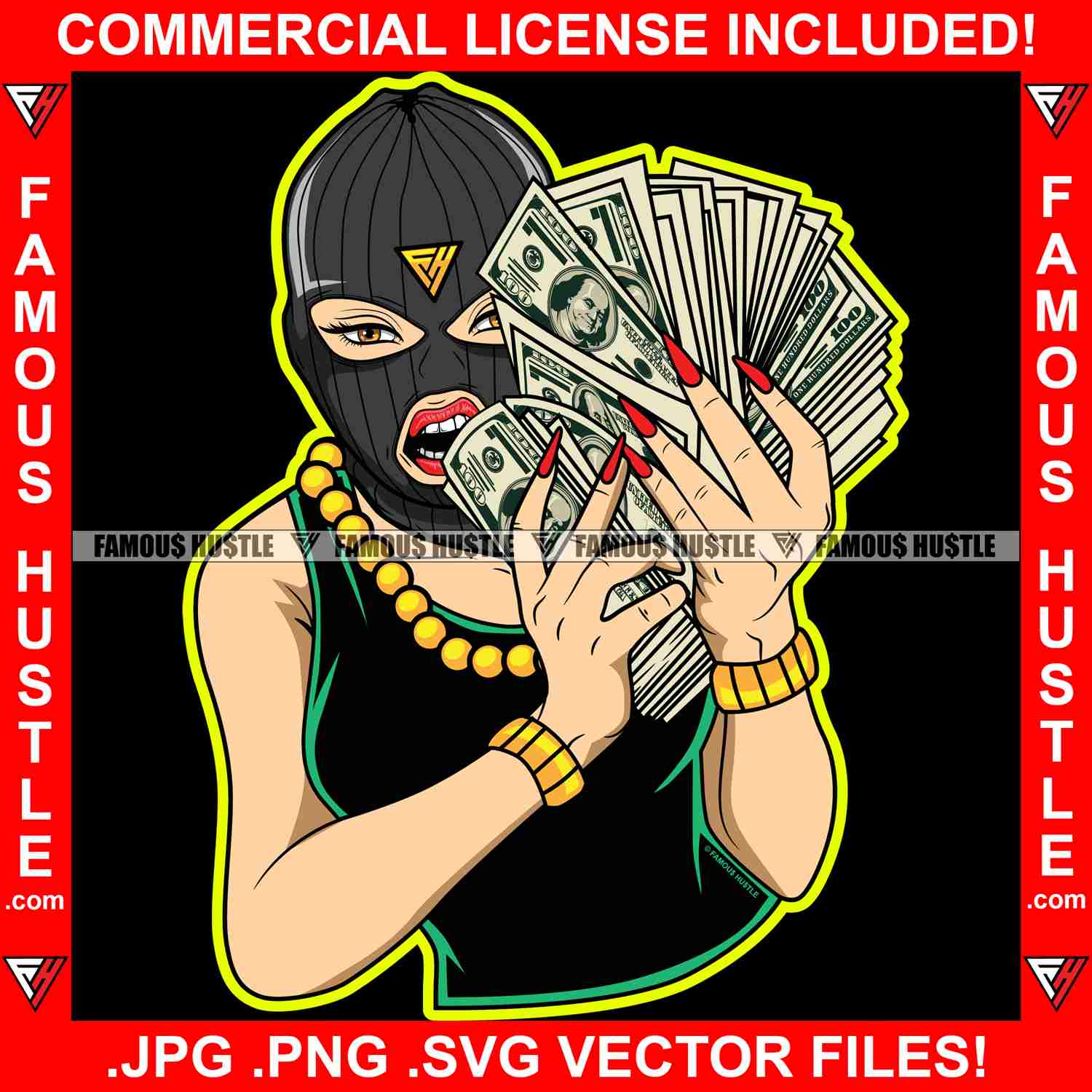 Street Legend Dripping Sexy White Female Gangster Ski Mask Cash Money Hands Gold Jewelry Robber Face Mask Rap Rapper Plug Trap Ghetto Swag Thug Drip Famous Hustle Art Graphic Design Logo T-Shirt Print Printing JPG PNG SVG Vector Cut File