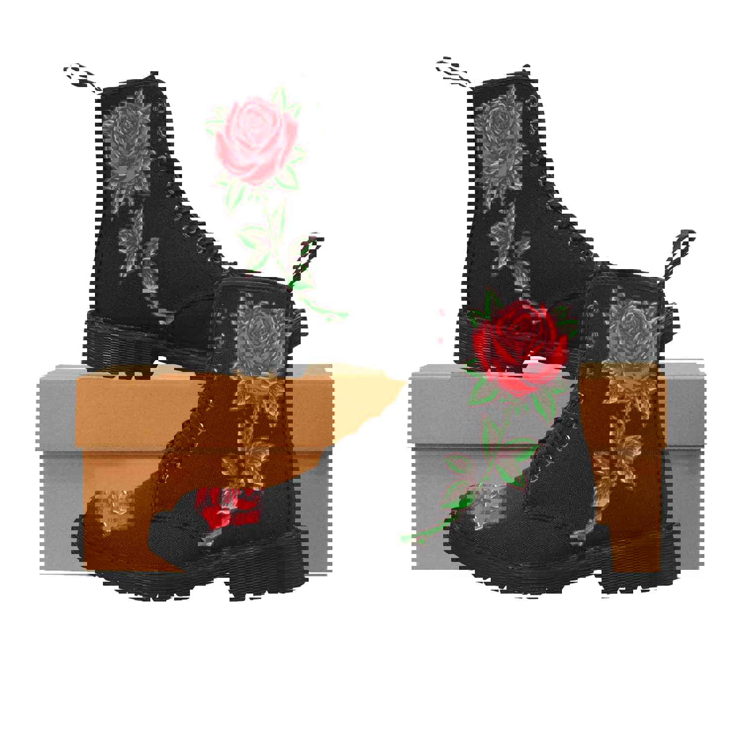 Red Roses Women's Boots - Floral Vegan Canvas Lace-Up Combat Shoes