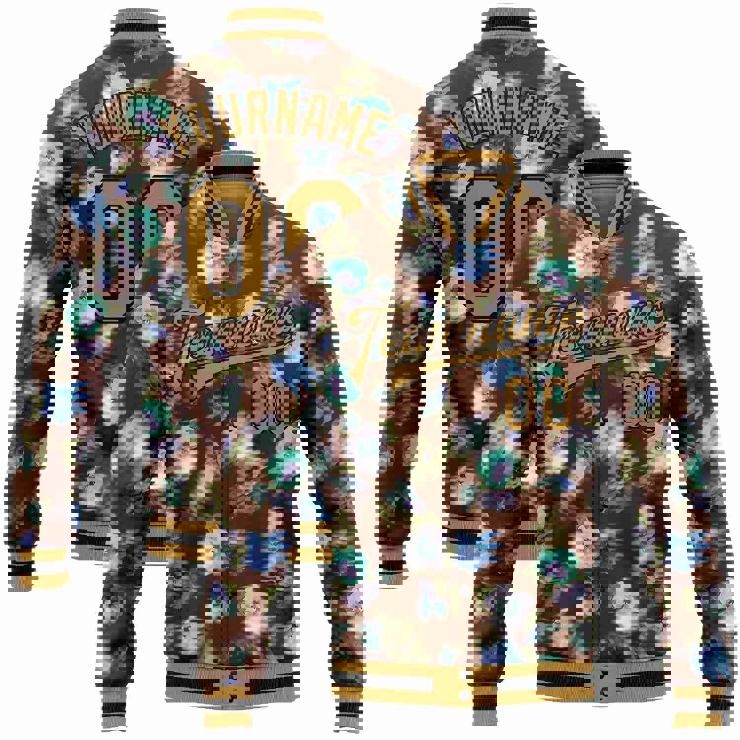 Custom Brown Old Gold-Black Fuzzy Flower Art 3D Pattern Design Bomber Full-Snap Varsity Letterman Jacket