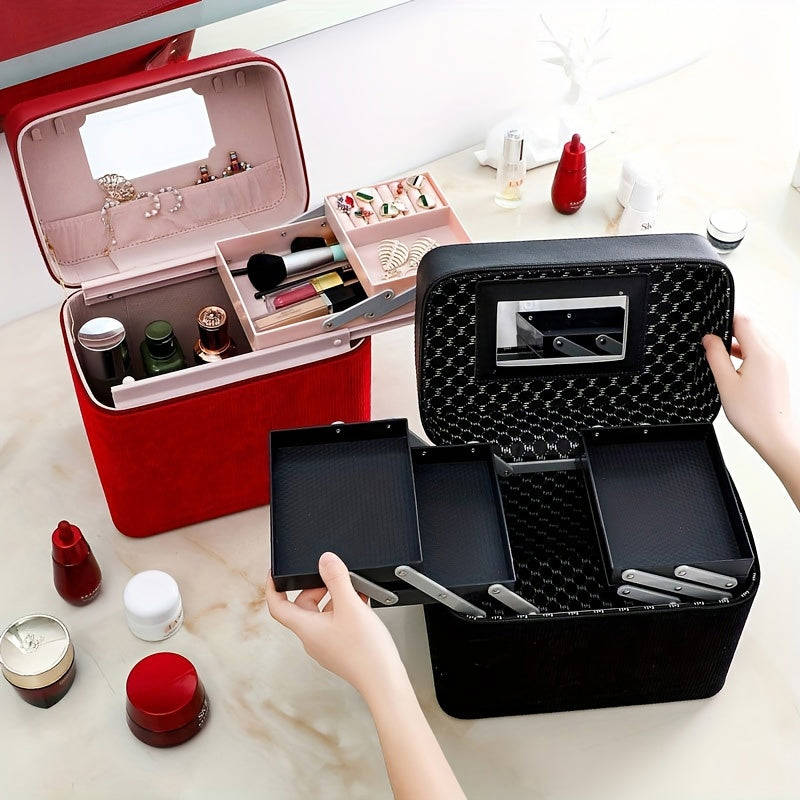 1pc Large Capacity Makeup Case with Double-Layer Tray - Portable Cosmetic Storage Box