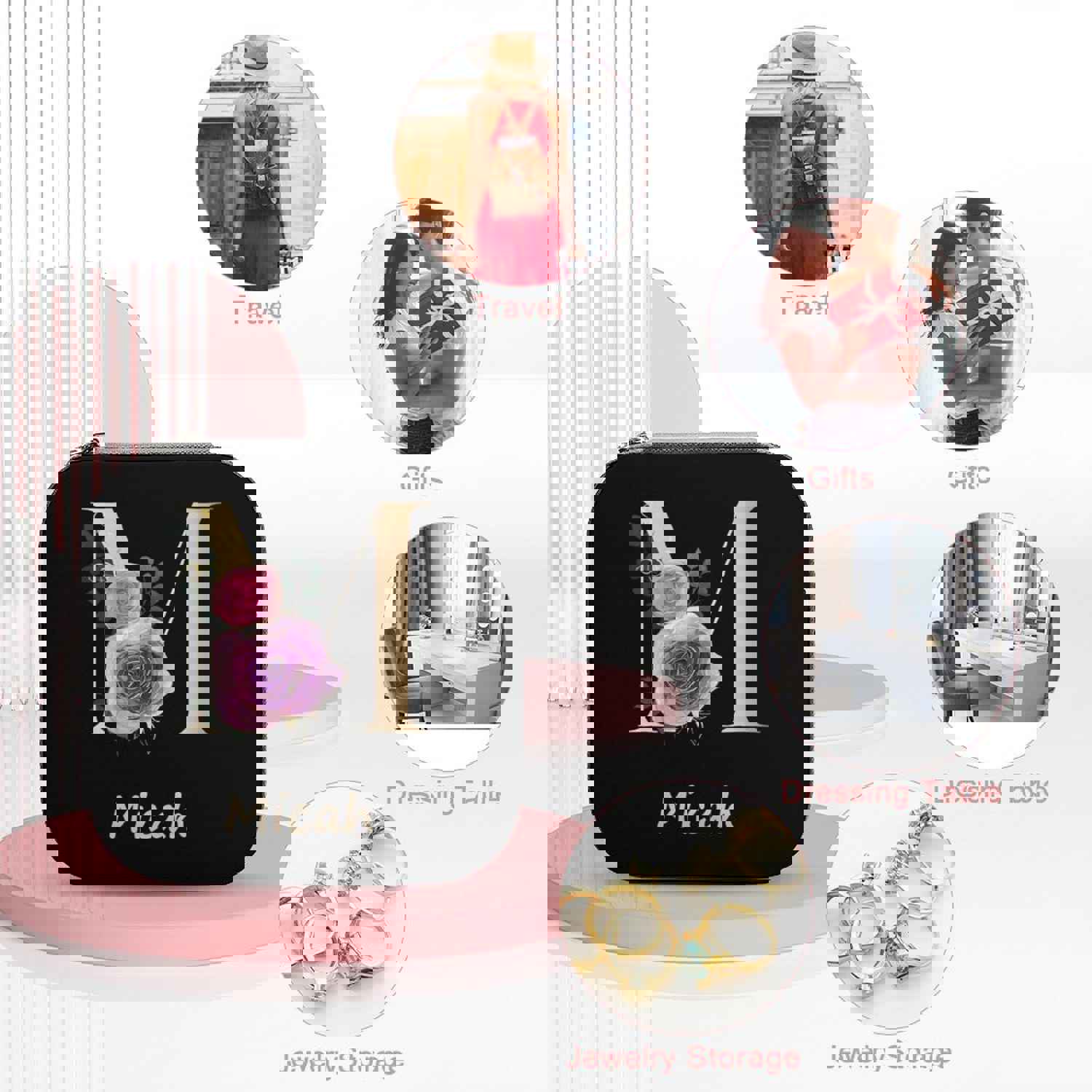 Custom Name & Initials Flower Black Travel Makeup Box Jewelry Box Bridal Party Gift