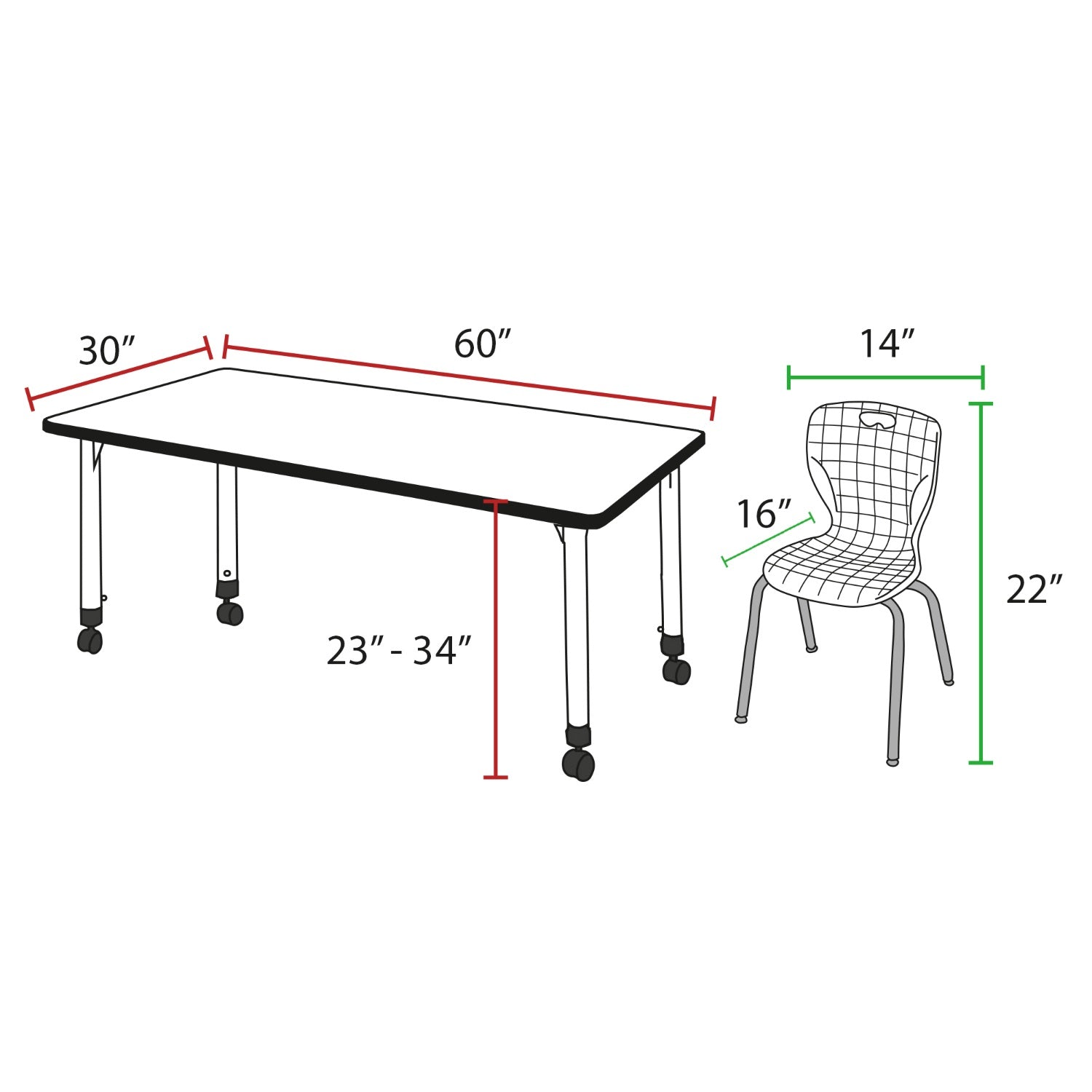 Kee Classroom Table and Chair Package - Adjustable Height Table with 2 Stack Chairs