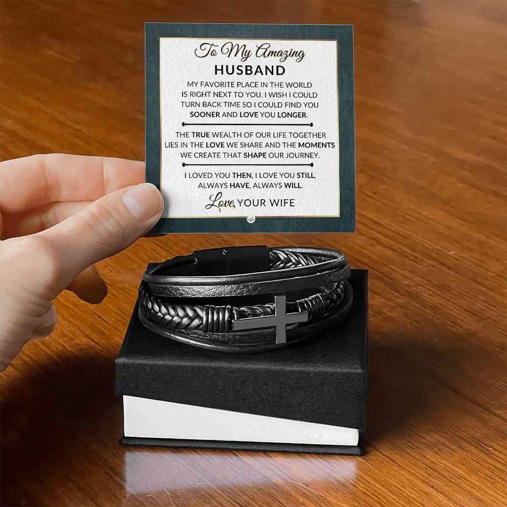 Heartfelt Gift For My Husband From Wife - Always Have, Always Will - Mens Braided Leather Bracelet with Cross