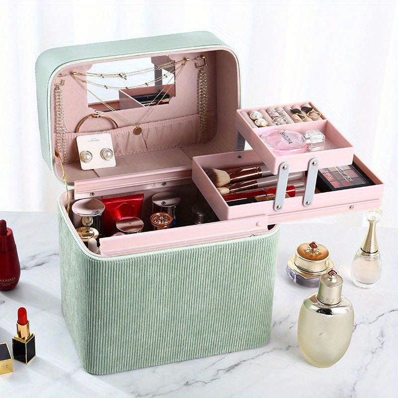 1pc Large Capacity Makeup Case with Double-Layer Tray - Portable Cosmetic Storage Box