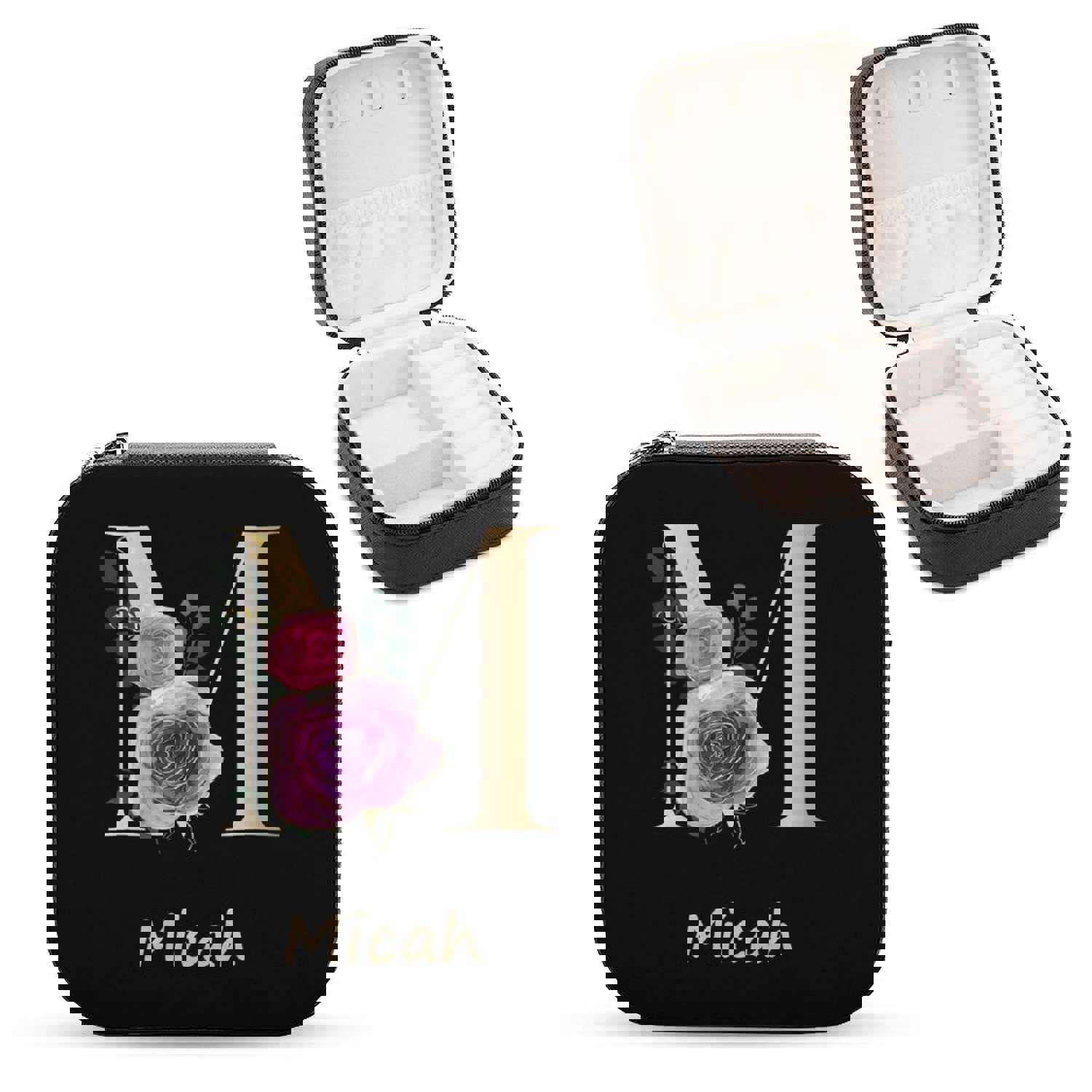 Custom Name & Initials Flower Black Travel Makeup Box Jewelry Box Bridal Party Gift