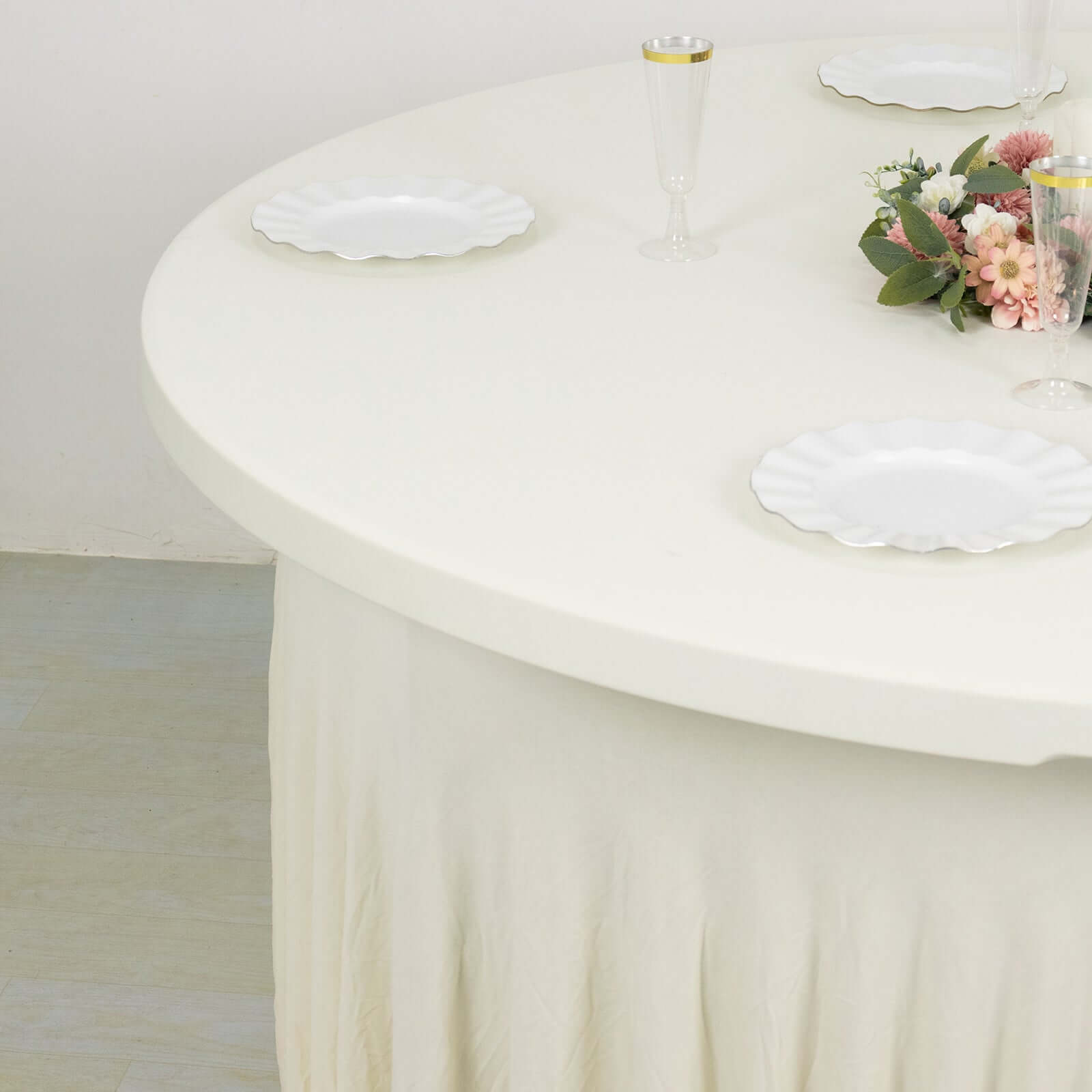 Ivory Wavy Spandex Fitted Round 1-Piece Tablecloth Table Skirt - 5ft