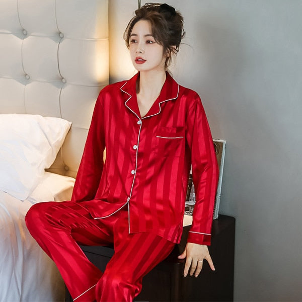 Luxury Satin Silk Pajama Set for Couples - Long Sleeve Sleepwear