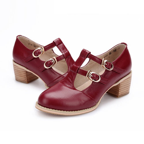 Retro Wine Red Double Buckles Mid Heel Lolita Shoes