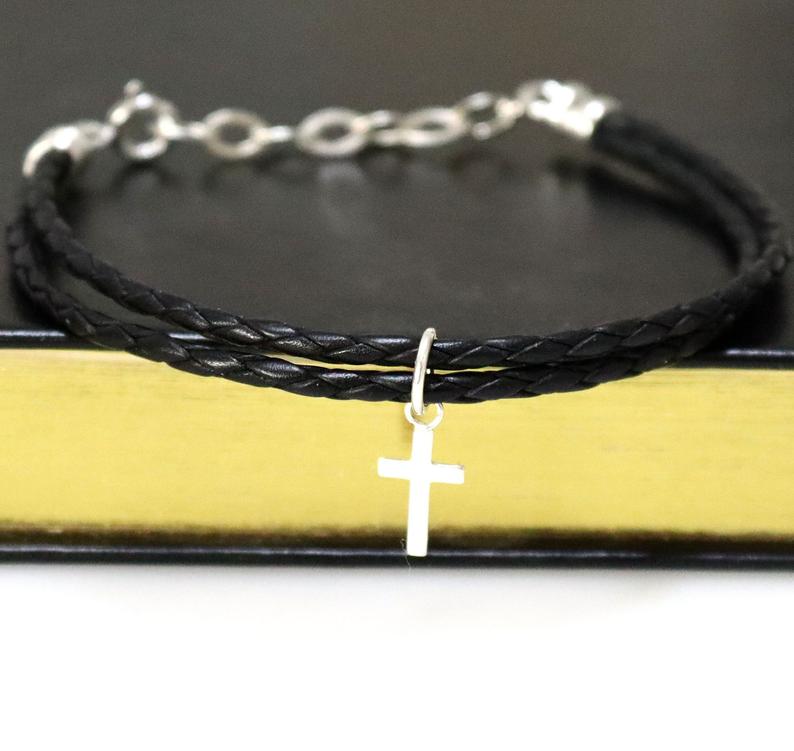 Christian Cross Bracelet - Minimalist Leather & Sterling Silver Jewelry for Men
