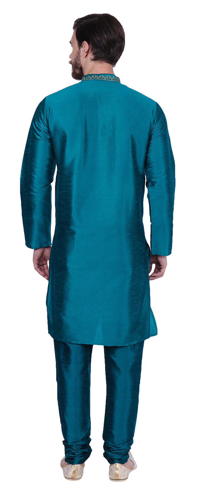 Men's Dupion Silk Kurta Pajama with Scarf - Turquoise Indian Traditional Wear