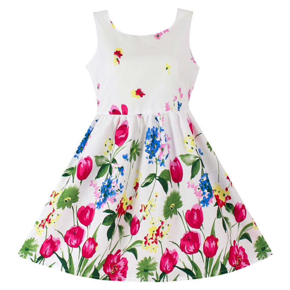 New Girls Dresses 100% Cotton Fashion Floral Colorful Party Birthday Casual Kids Clothing Size 4-12